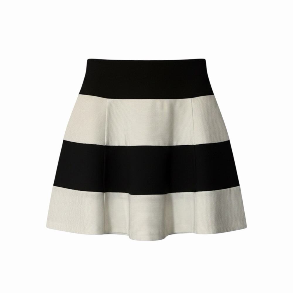 Elle Women’s Black And White Stripe Flare Skirt A-Line Knee Length Sz M